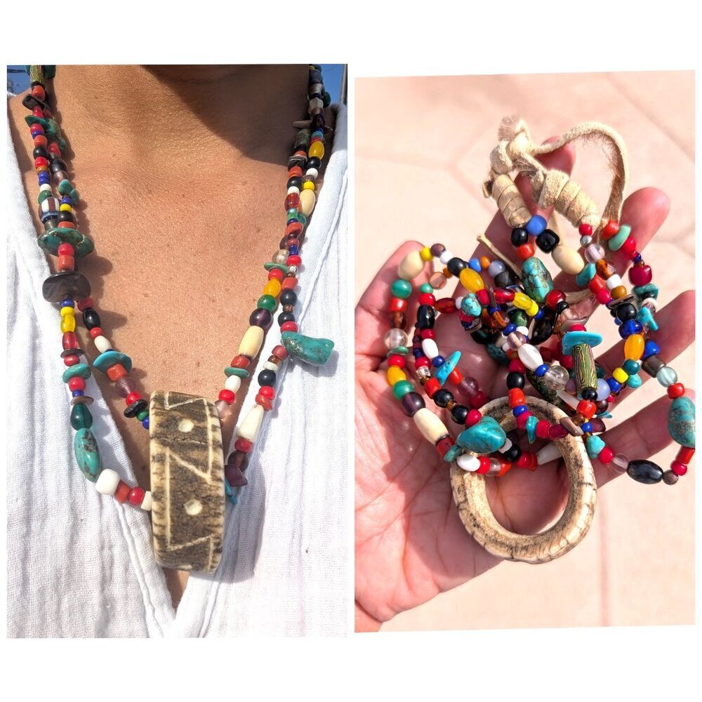 Vintage Handmade Native American Necklace Bone Pendant Turquoise & Coral Beads
